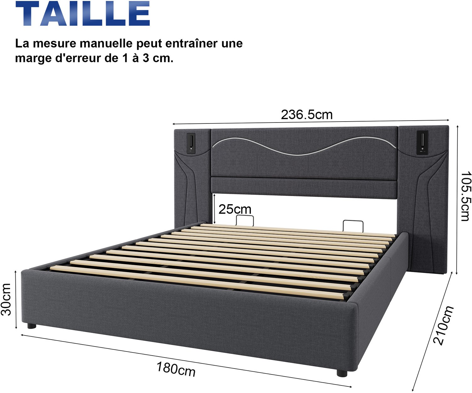 MODENUIT Gestoffeerd Bed 180x200cm – Hydraulische Opbergruimte met Led, Usb en Leeslampen – Zonder Matras – Grijs