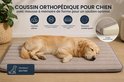 Gouden retriever slaapt op een orthopedisch kussen met tekst over traagschuim en antislip eigenschappen.