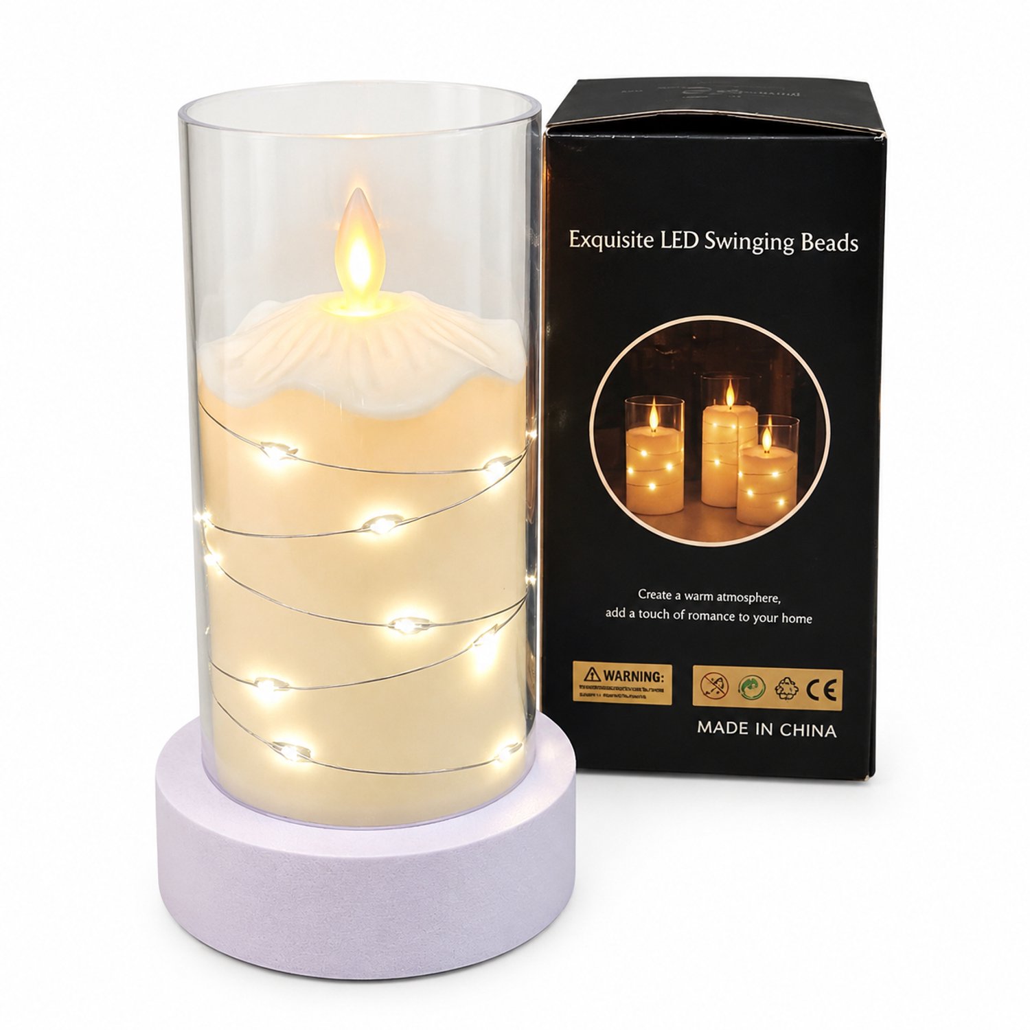 SWGOTA led kaarsen met bewegende vlam - 1 stuk, 7,5 x 15 cm, warm licht, transparante kunststof kap en decoratieve lichtdraad, exclusief batterijen Wit