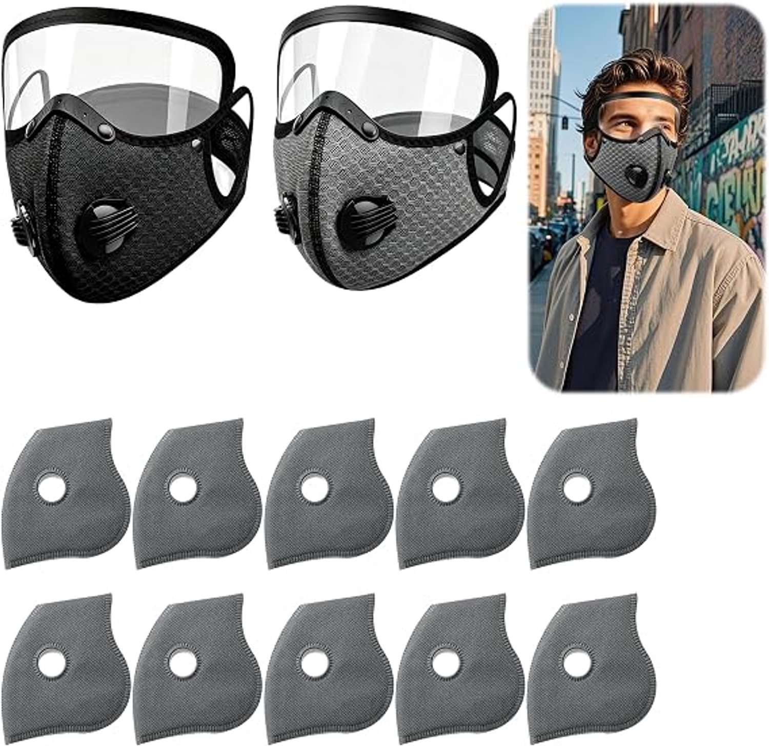 2 stuk Stofmaskers - Gezichtsscherm - Gezichtsmasker - Volledig beschermend masker - adembeschermingsmasker - Herbruikbare Ademhalingsmasker - Inclusief 10 actieve-koolfilterpatronen - herbruikbaar - Stofbescherming - voor Houtbewerking en Grasmaaien