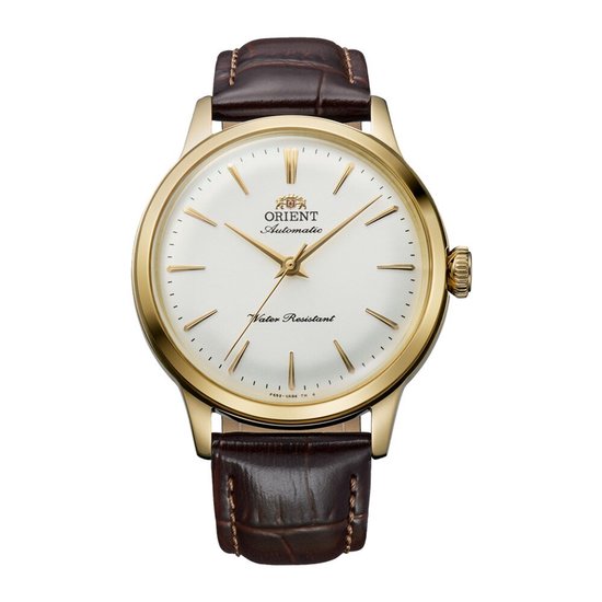Orient Bambino horloge met goudkleurige kast, witte wijzerplaat, gouden wijzers en bruine leren band met krokodillenmotief.