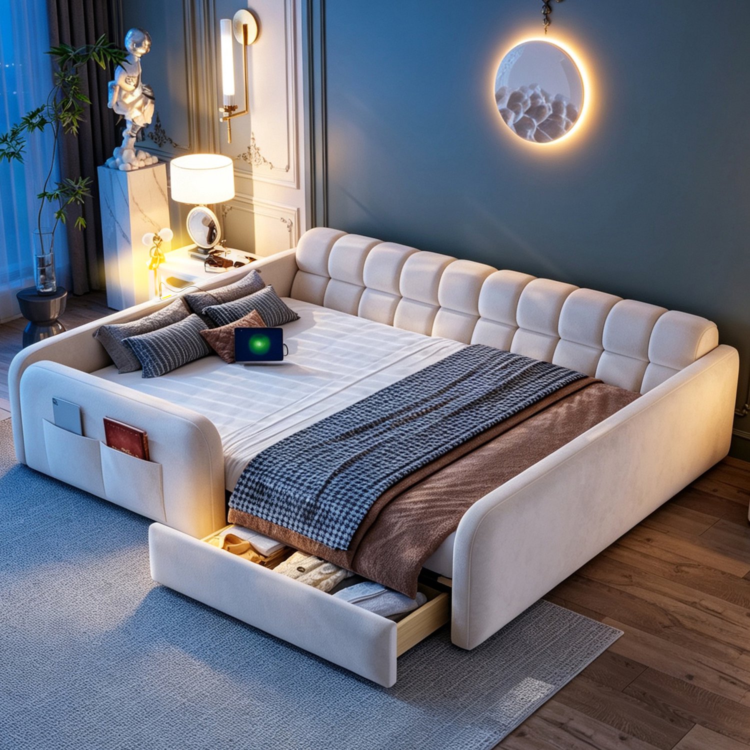 OOIILLEE Gevoerd kinderbed met lade en nachtlampje 140x200, fluwelen platformbedframe met oplaadpoort, hoge veiligheidsleuningen en hoofdeinde in bankstijl voor jongens- en meisjeskamers, beige