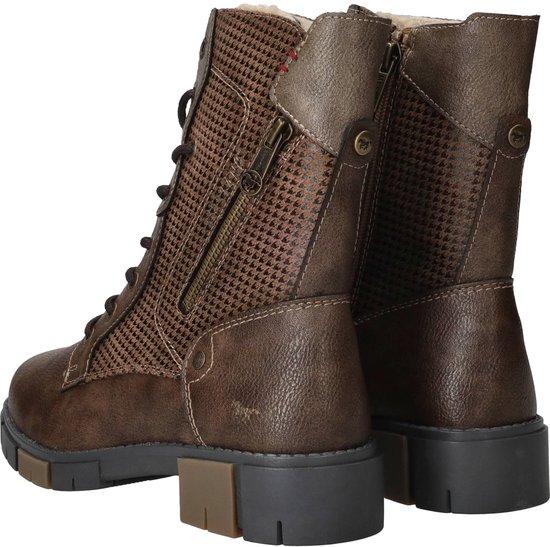 Achteraanzicht van bruine Mustang veterboots met rits en subtiel paardlogo.