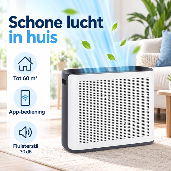 Witte luchtreiniger voor ruimtes tot 60 m², met app-bediening en fluisterstille werking van 30 dB.