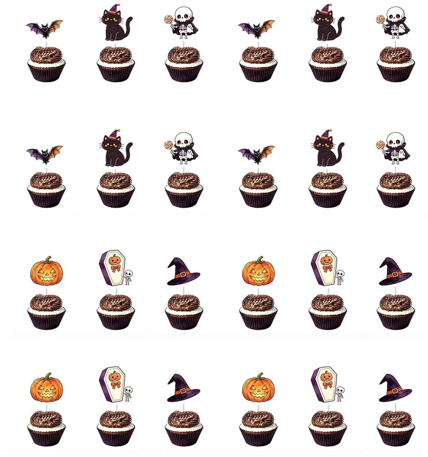 Cupcake Toppers, 24 stuks, met vleermuis, pompoen, doodshoofd en heks.