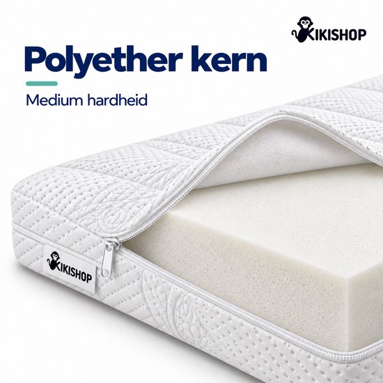 Wit matras met polyether schuimkern en een rits, tekst: Polyether kern, Medium hardheid.