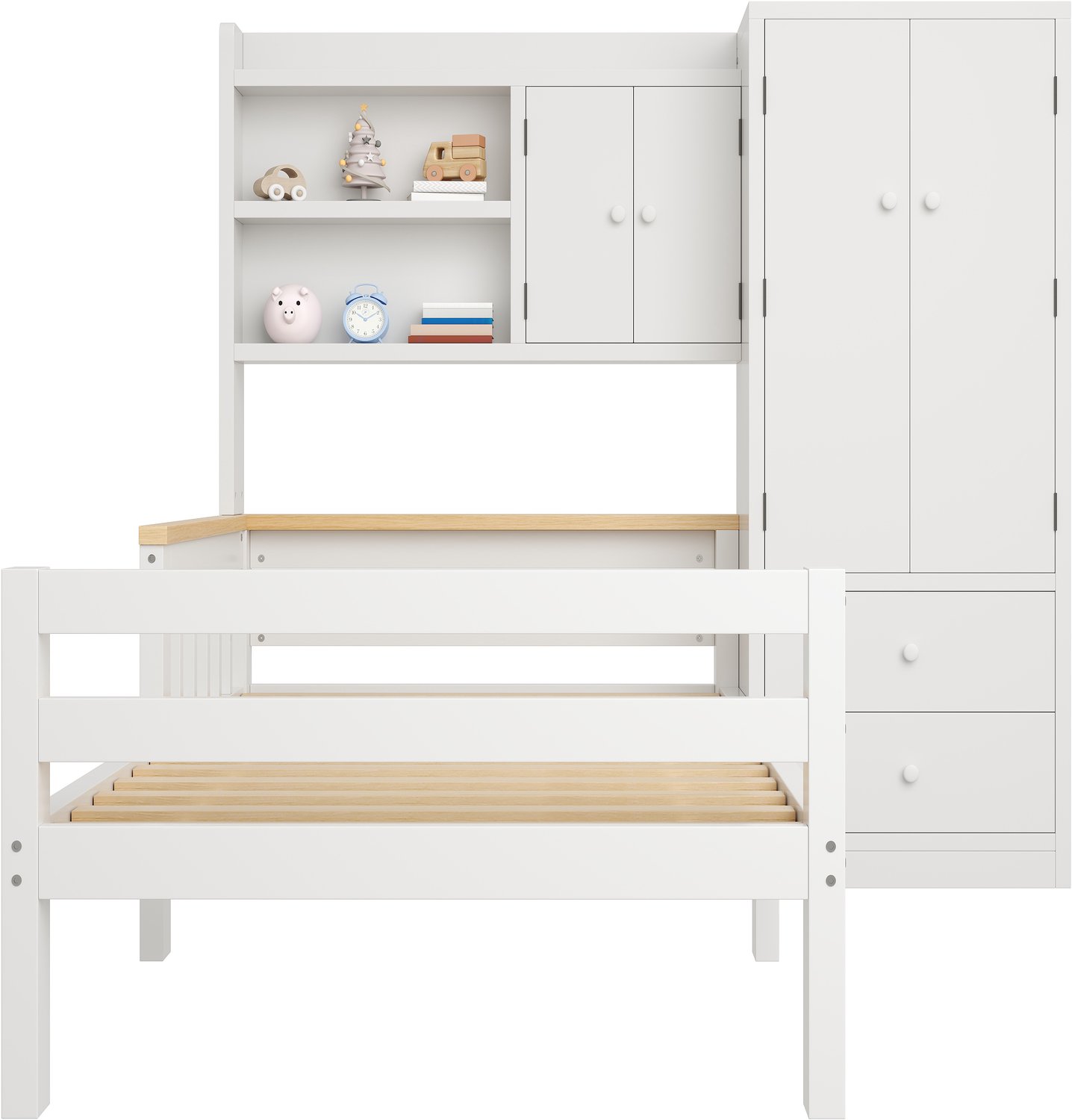 MUVANO Kinderbed 90 x 200 cm met kledingkast - Multifunctioneel kinderbed met opbergruimte - Lades en open vakken - Houten bed met lattenbodem - Slaapkamer wit