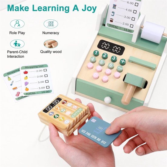 Montessori Houten Speelgoed voor Kinderen – Houten Kassa – Met Speelgeld, Scanner en Winkelaccessoires – Educatief Rollenspelspeelgoed voor Peuters – Cadeau voor Jongens en Meisjes — afbeelding 5