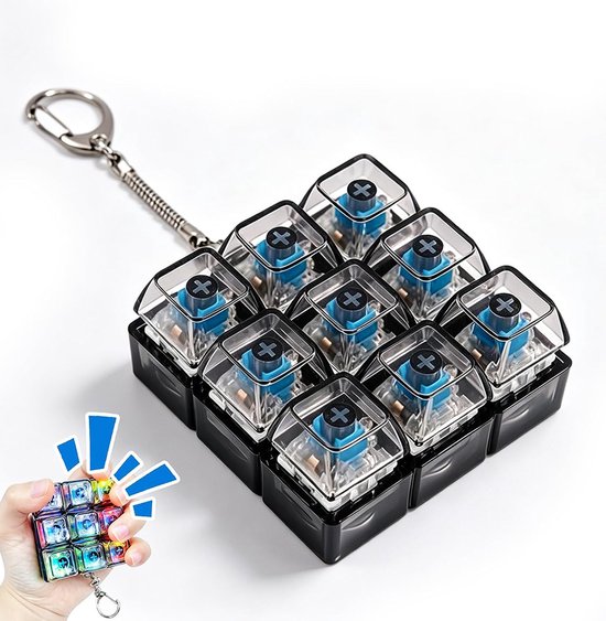 Zwarte fidget-sleutelhanger met negen blauwe mechanische schakelaars en transparante keycaps.