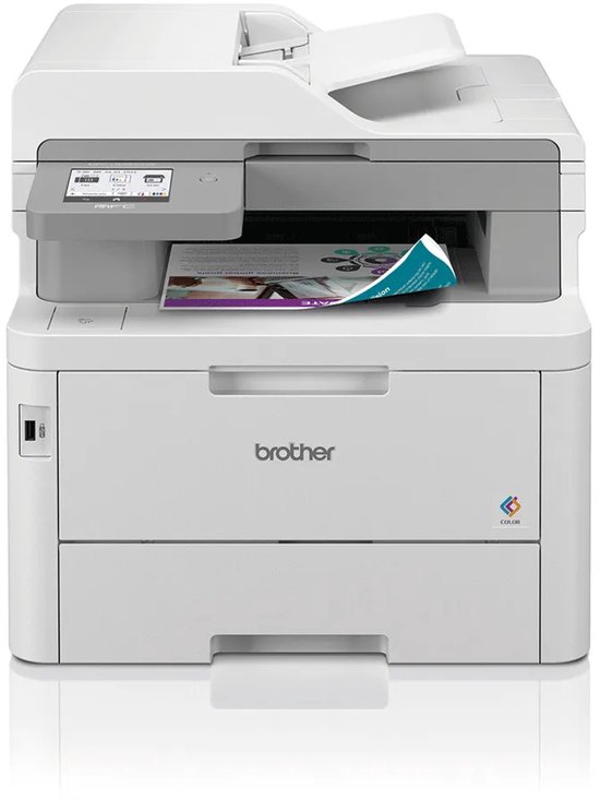 Brother MFC-L8390CDW kleuren-ledprinter met een wit en grijs design en een geprint document in de lade.