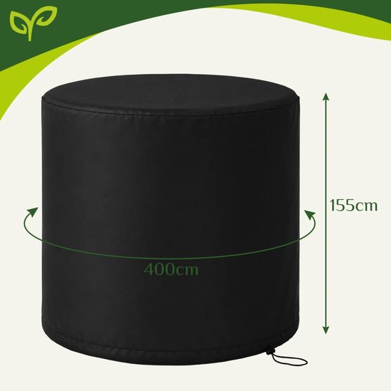 Zwarte beschermhoes met afmetingen van 400 cm omtrek en 155 cm hoogte.