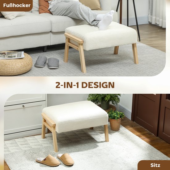 Voetenbank met 2-in-1 design in crèmewit corduroy met houten poten en beschermende voetdoppen.