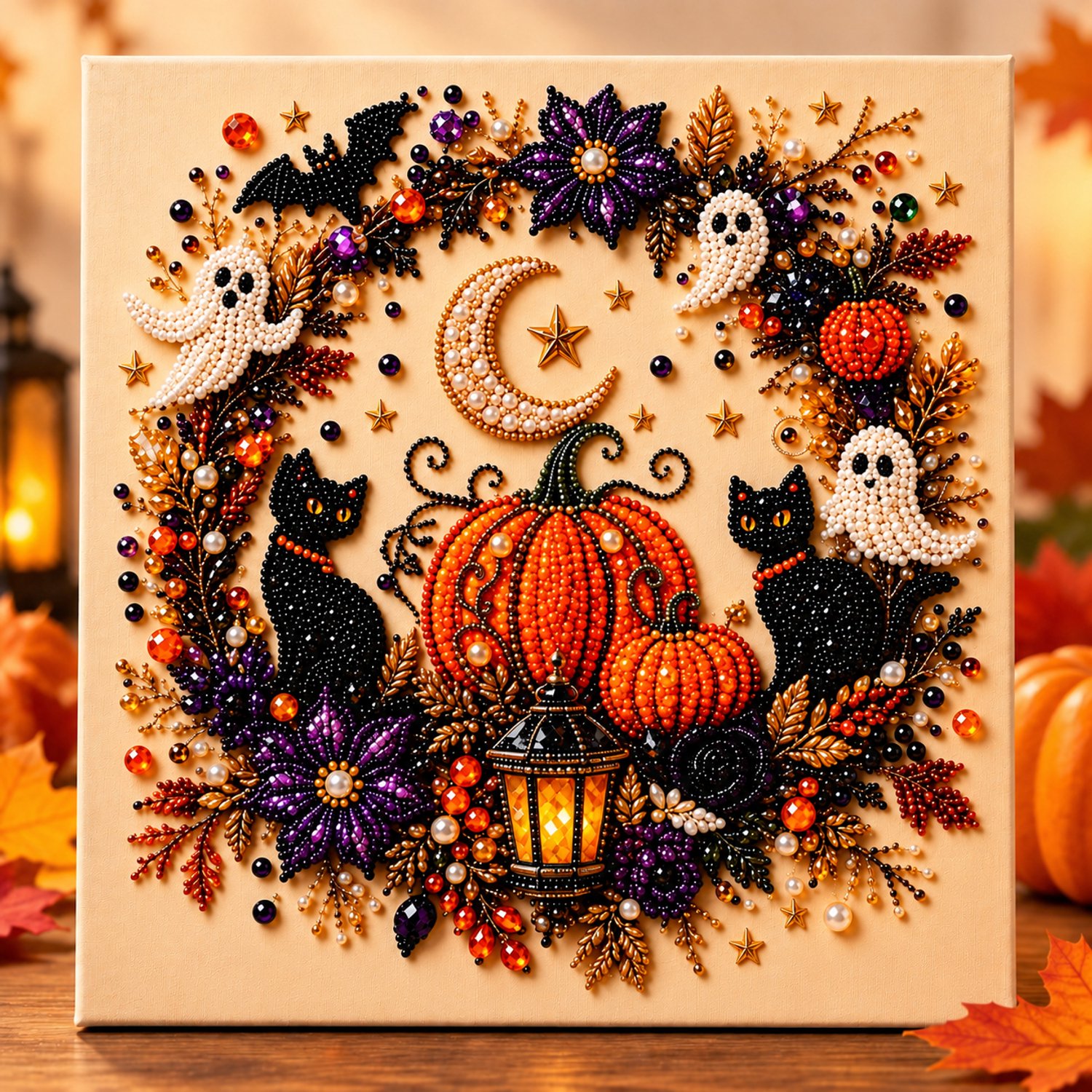 PulseOne Halloween Zwarte Kat Diamond Painting - DIY Knutselpakket voor Volwassenen - Zwarte Kat en Pompoenen - Creatieve Hobby - Herfstdecoratie