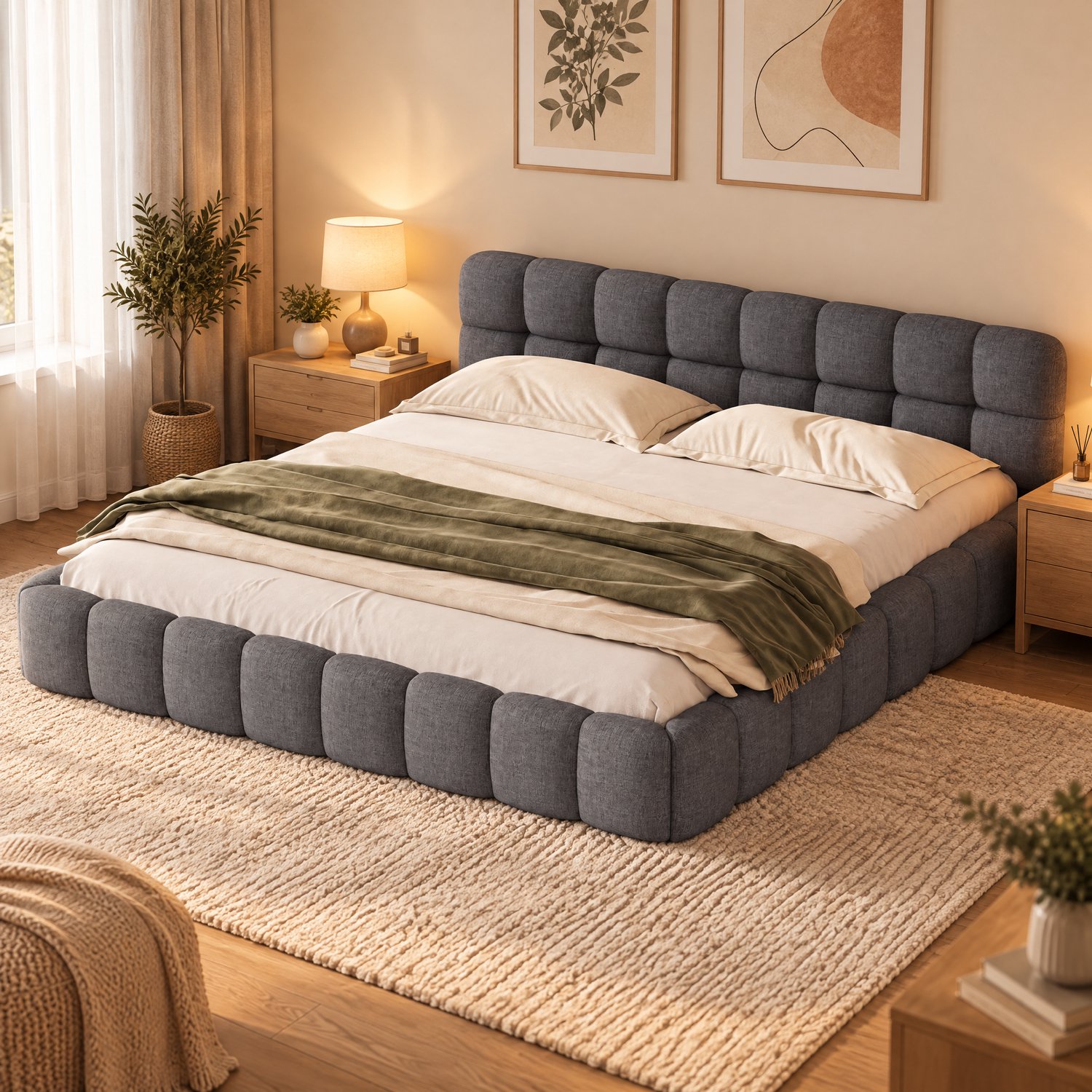 Gestoffeerd bed, bubbelbed 140x200 cm, tweepersoonsbed, bedframe met lattenbodem, Grijs Linnen, Zonder matras