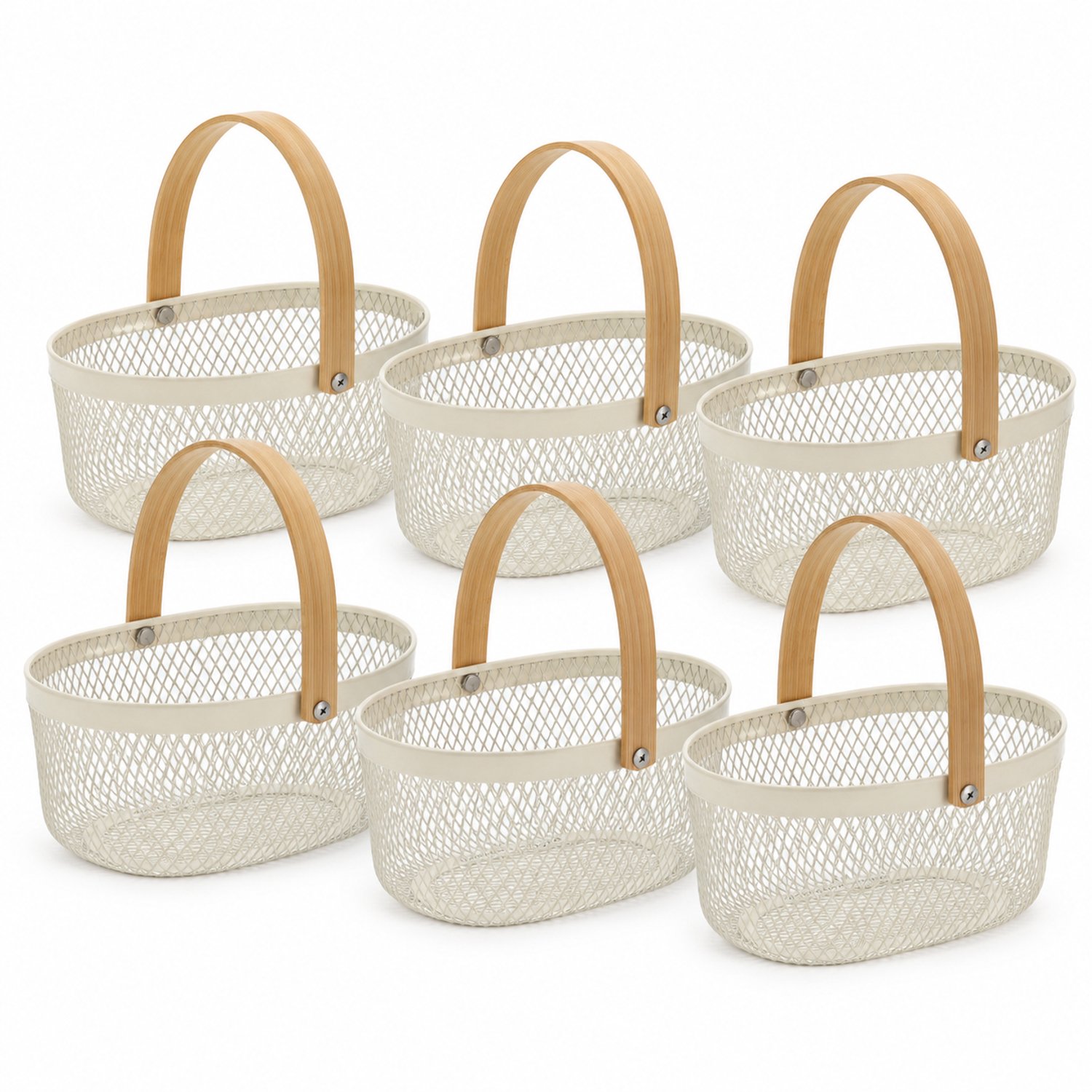 Opbergmand Set van 6 - 3 Liter per Mand - Metalen Opbergmanden met Bamboe Handvat - Ovale Draadmanden - Fruitmand, Cadeaumand en Multifunctionele Organizer - Crème