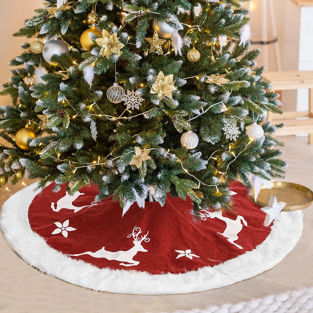 Rond Kerstboomdeken van 92 cm met Hert en Bloemen