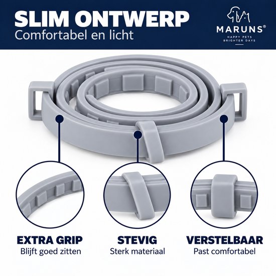 Grijze, verstelbare halsband met extra grip, stevig en comfortabel. Bevat gedetailleerde close-ups van de textuur en sluiting.