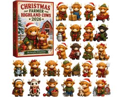 kerst adventskalender 2026 - 24 stuks - bruin meerkleurig - acryl materiaal - 5cm - landelijke hoogland koe kerst hangornamenten - kerst aftelkalender - kerstboom decoratie - geschikt voor kerstfeest en cadeau