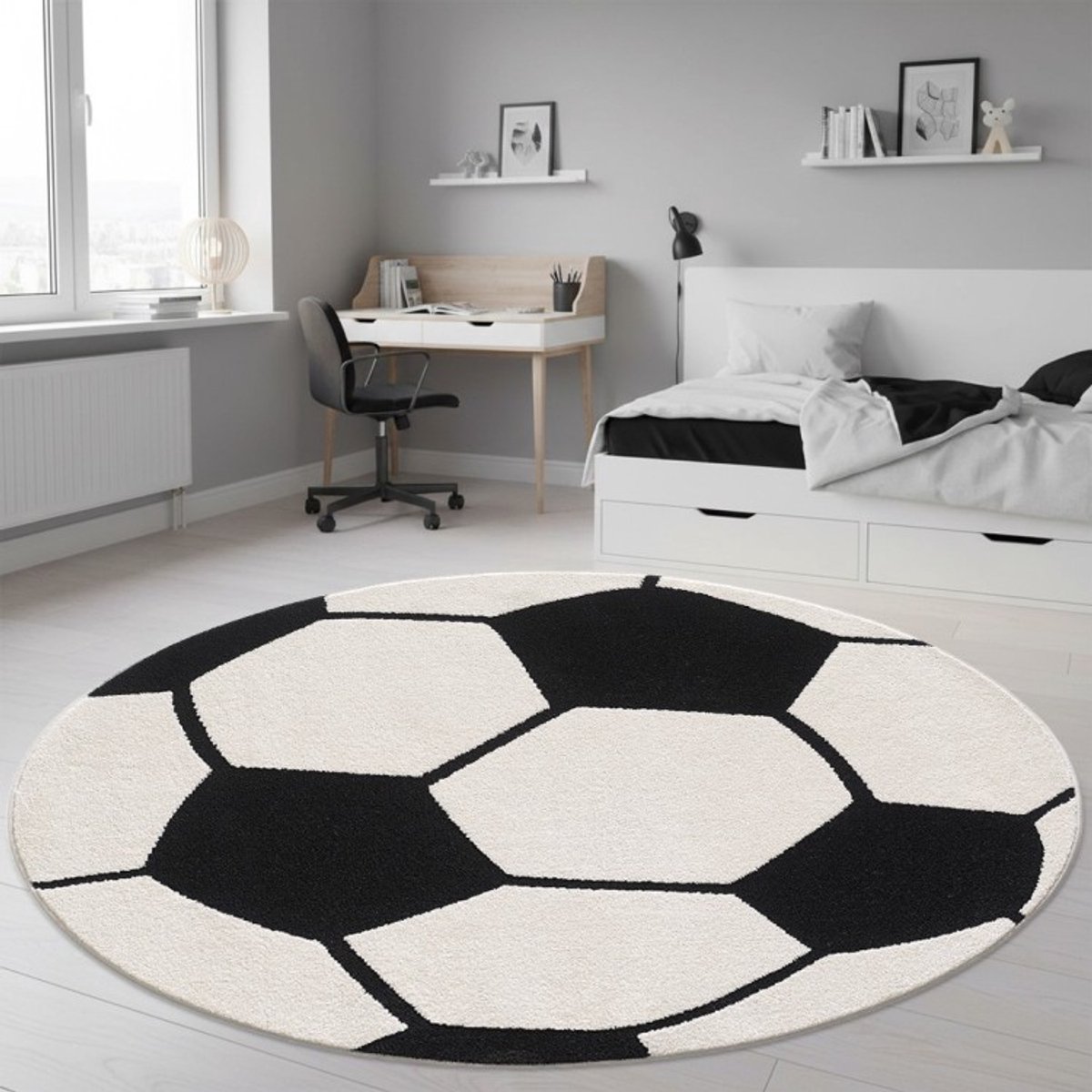 TapisTrend Kinderkleed Zwart-Crème 80 cm rond Rond kindertapijt met - voetbalpatroon voor slaapkamer en speelruimte, foto 2