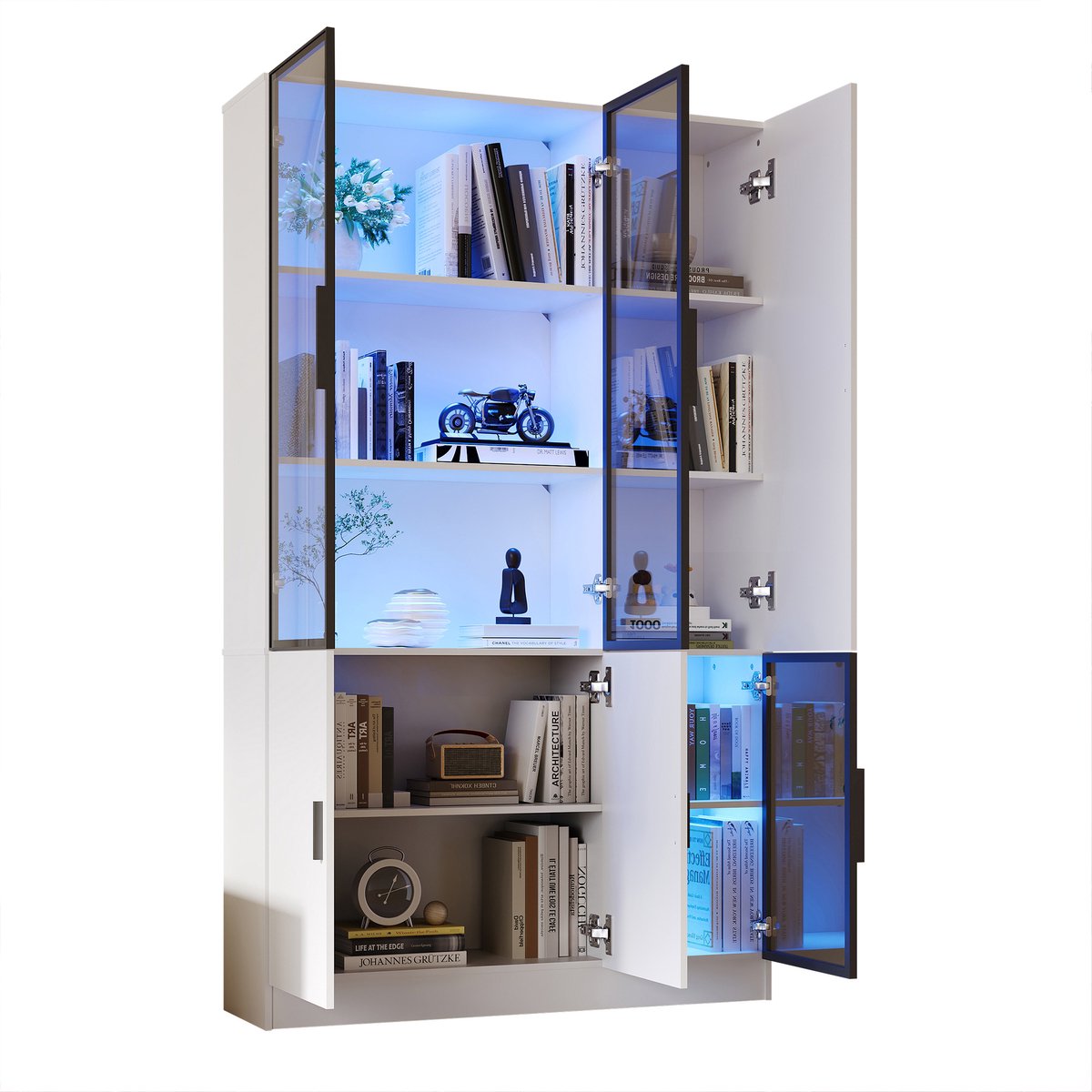 Vitrinekast Met Ledverlichting - Hoge Glazen Vitrinekast Met Aluminium Frame - 10 Opbergvakken Voor Boeken En Verzamelingen - Wit