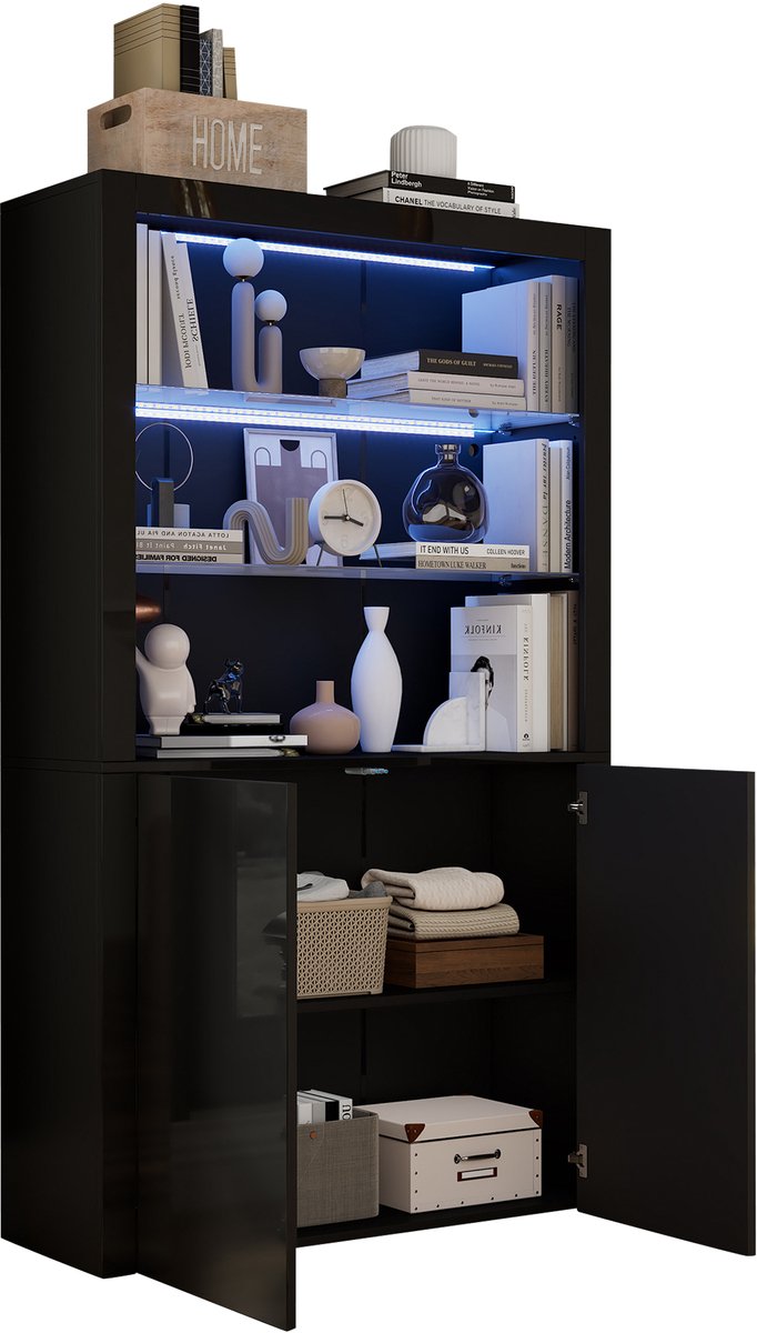 Vitrinekast Met LED-Verlichting En Appbediening - Zwarte Woonkamerkast Met Glazen Opbergvakken En Twee Gesloten Kasten - MDF, Glas - 100 x 35 x 170 cm