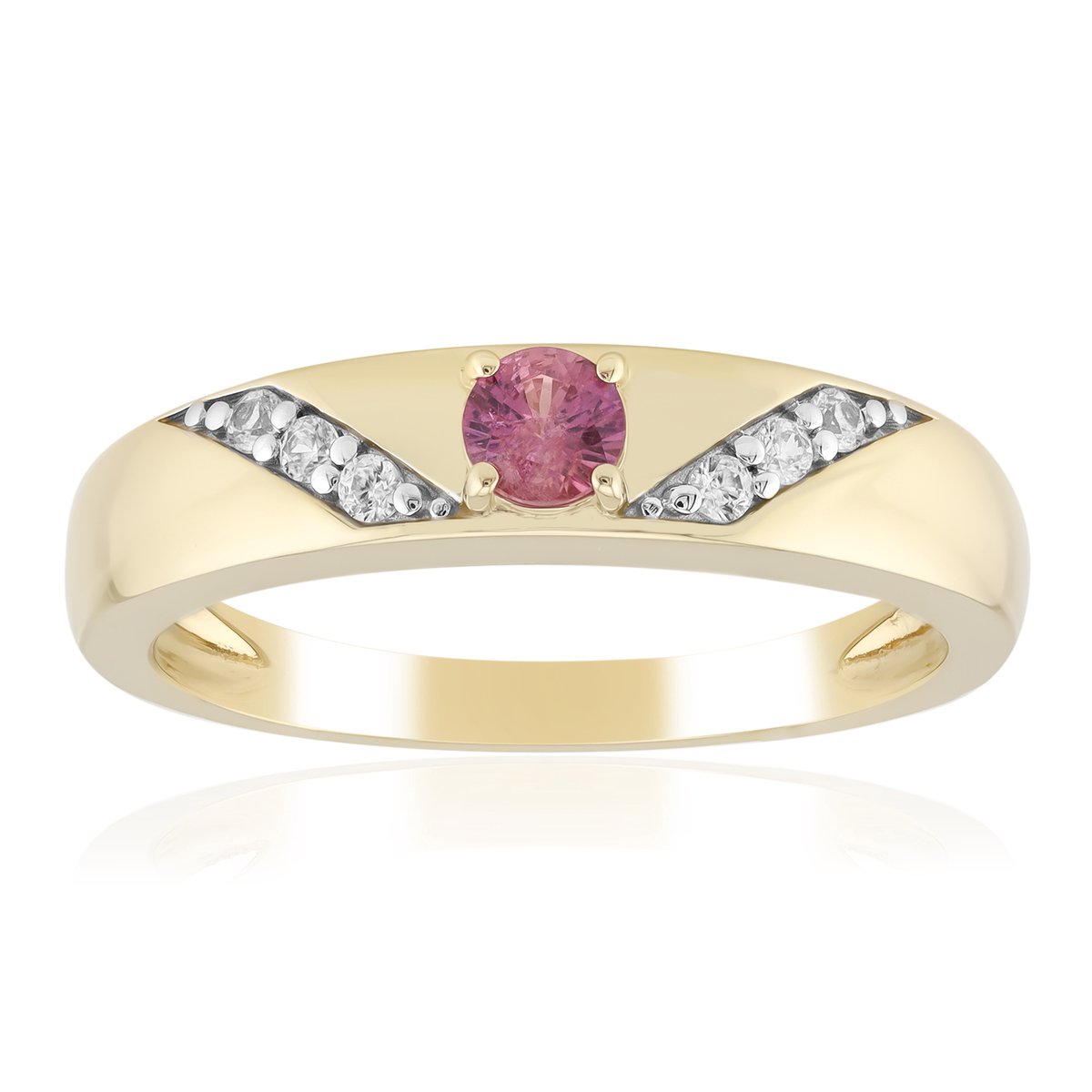 Cavill - 9 Karaat Geelgouden Ring met Padparadscha Saffier 0,179 ct - Ronde Briljant Geslepen - 0,291 ct Zirkonen - Moderne Elegante Damesring