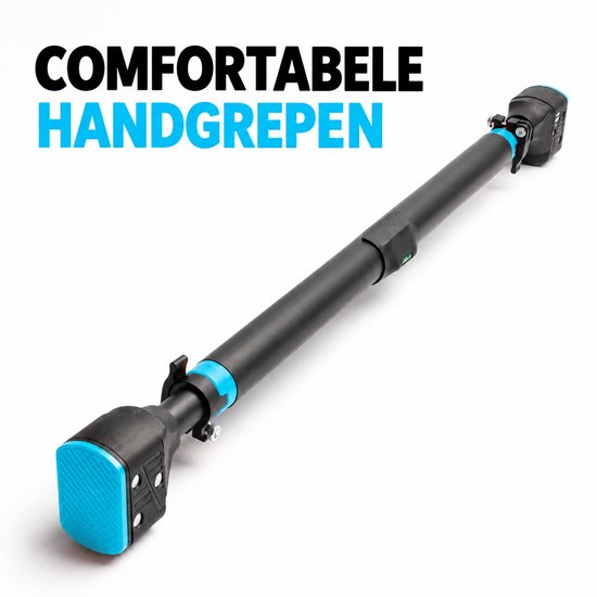 Zwarte optrekstang met blauwe handgrepen en tekst "COMFORTABELE HANDGREPEN".