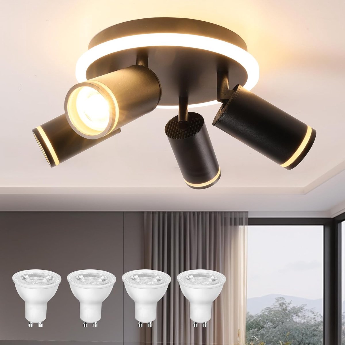 Plafondlamp, 4 spots, draaibaar, zwart, moderne ronde plafondlampen met bodemlicht, 8 W + 4 x 5 W, GU10, warm wit 3000K, led-plafondspot voor keuken, woonkamer, slaapkamer