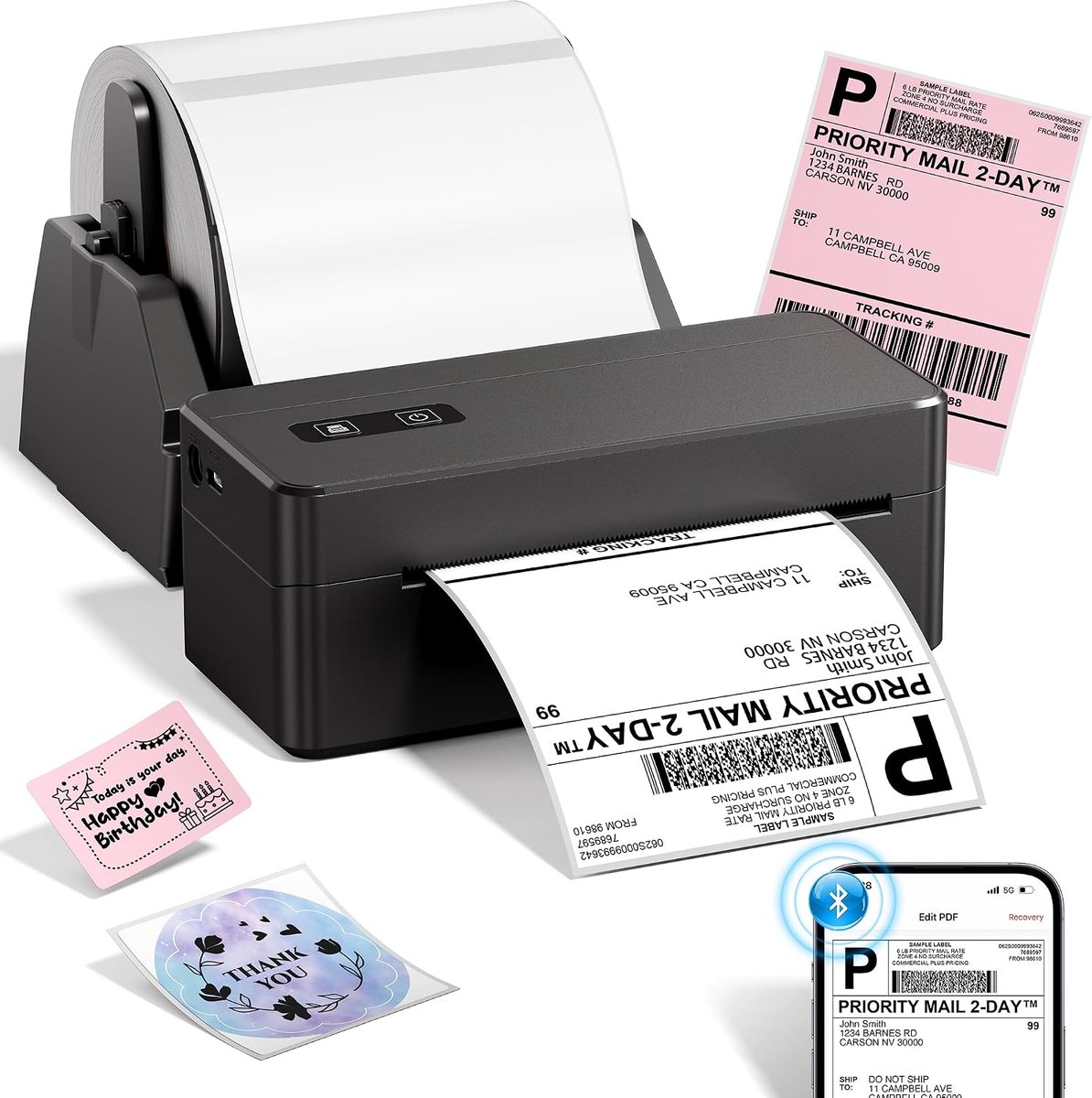 Bluetooth-thermische labelprinter, 4 x 6, draadloze verzendlabelprinter voor kleine bedrijven, ondersteunt iOS, Android en Mac, gebruikt voor Amazon, Shopify, Etsy, zwart