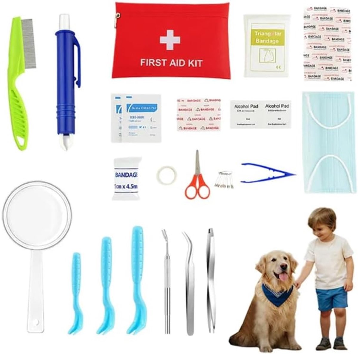 Teken-eerstehulp-set, roestvrij staal, set van 3, tekenhaken, tick remover, vlooienkam, geschikt voor het verwijderen van tekens, voor mensen, kinderen, katten en honden