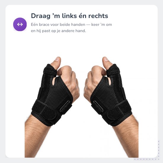 Twee handen, links en rechts, met zwarte duimbraces met klittenband. Ademende mesh stof.