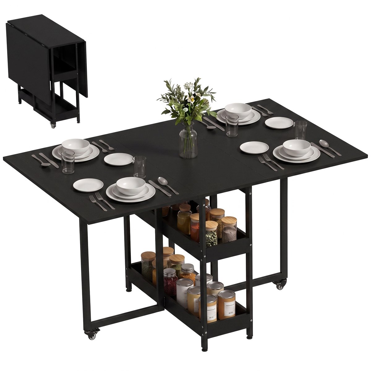 Opvouwbare tafel met wielen, uitklapbare zijkanten en open opbergvakken, zwart
