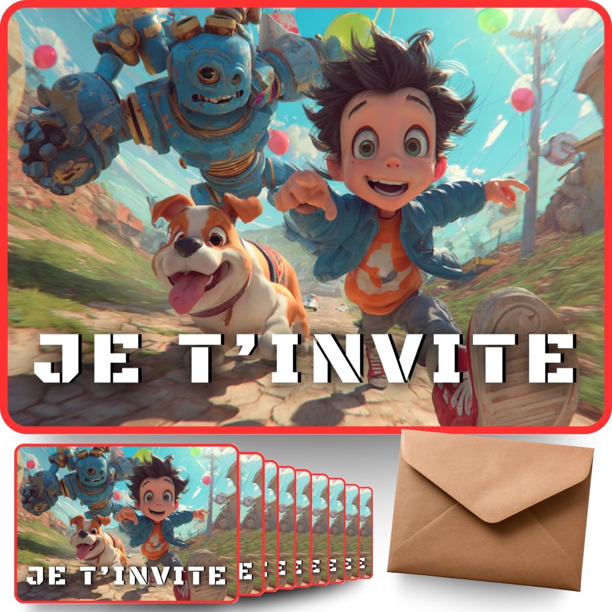 Children's Birthday Invitation Cards x 10 + Printed Envelopes - Theme [Unicorn/Dog/Robot] - Postcard Size - ShopVlot