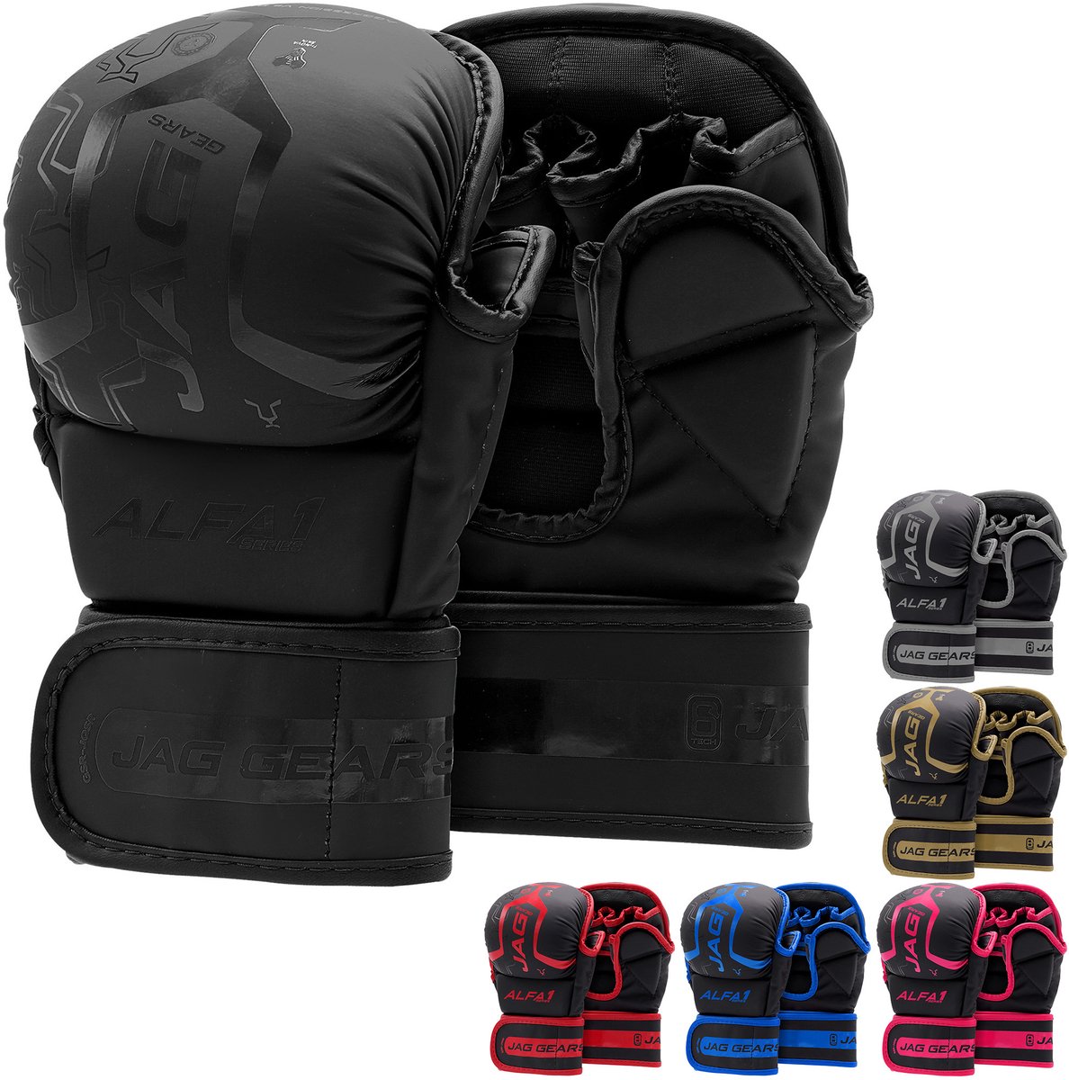 JAG Gears -ALFA– Grappling-handschoenen – MMA-sparringhandschoenen – Training – Boksen – Synthetisch leer – Zwart – S/M