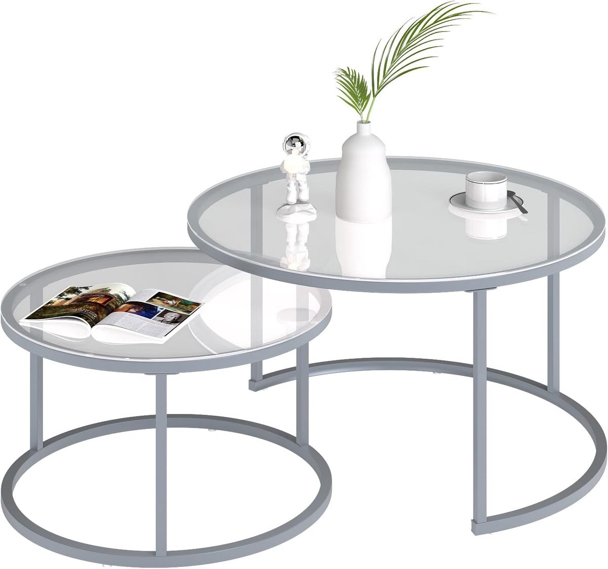Rond, salontafel, woonkamer, glazen tafels met metalen frame, zilver, salontafel, set van 2, nesting woonkamertafel, rond, transparante glasplaat, salontafel 80 cm en 60 cm