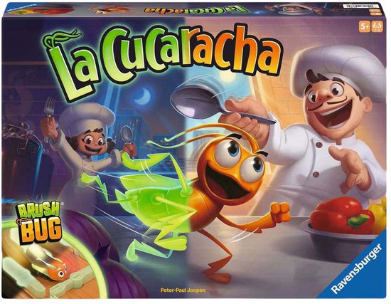 Ravensburger La Cucaracha speldoos met koks en een rennende kakkerlak.