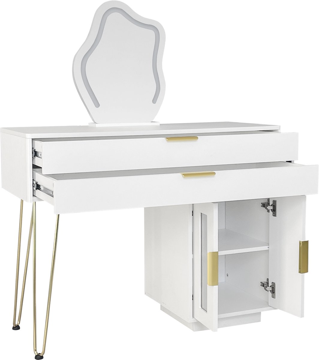 Kaptafel Met Led Spiegel - Make Uptafel Met Twee Grote Laden - Verplaatsbare Zijkast Voor Slaapkamer - Wit Spaanplaat Met Metalen Poten