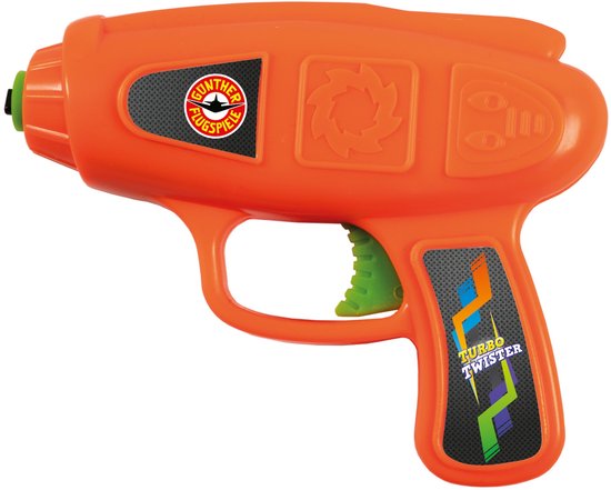 Oranje speelgoedpistool met groene trekker en "GUNTHER FLUGSPIELE" en "TURBO TWISTER" logo's.