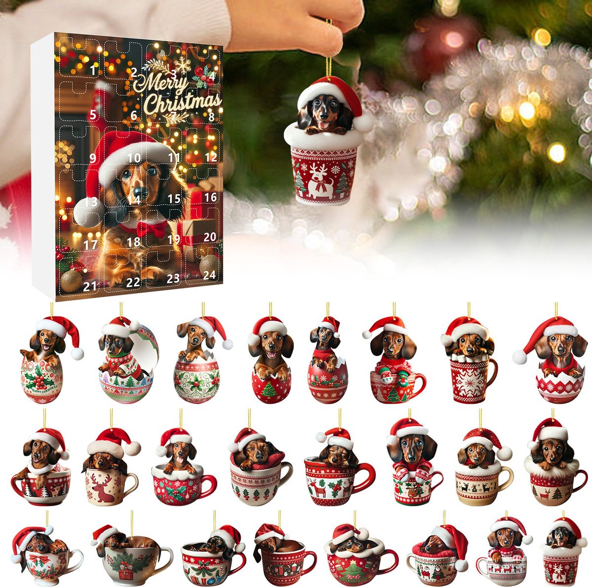 Kerst Adventskalender 2026 - Teckel Adventskalender 2026 - 24 Dagen Kerst Aftelkalender - Verzamelstuk met Grappige Teckels Hondenset Hanger - Kerstboom Decoratie Cadeaus