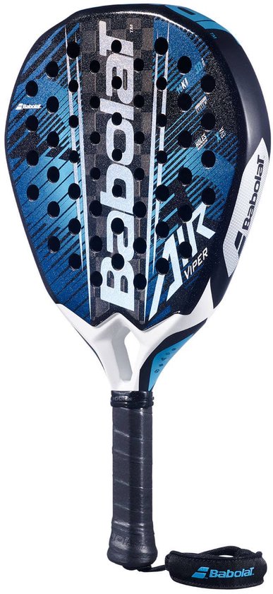 Babolat Air Viper padelracket in blauw, zwart en wit. Zwart handvat met Babolat polsband.