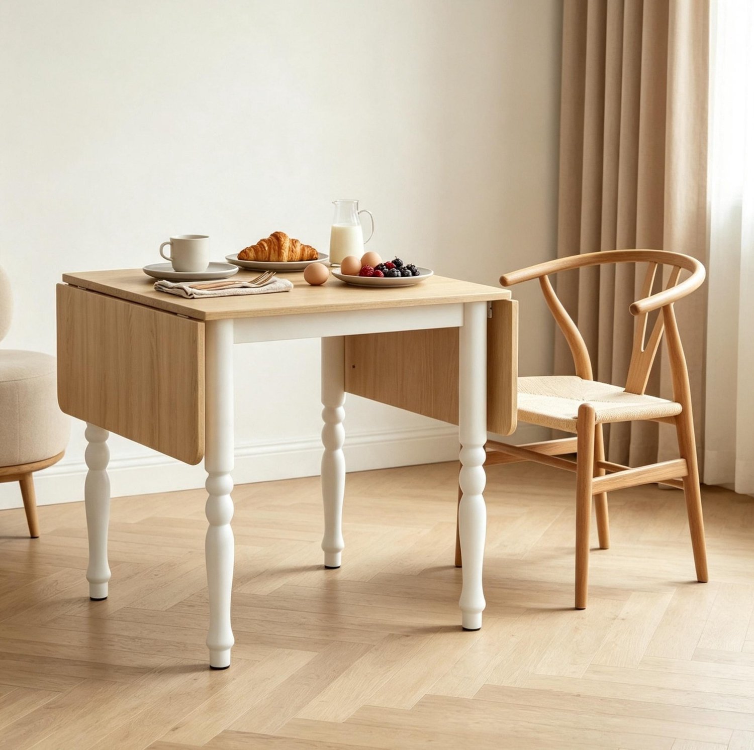 DESMIU Eettafel - Uitschuifbaar En Opklapbaar Voor 2 Tot 6 Personen - MDF En Staal - 74 Tot 134 X 80 X 75 Cm - Eikenkleur En Wit