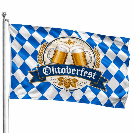 Oktoberfest vlag met blauw-wit ruitenpatroon, met twee bierglazen en hopranken.