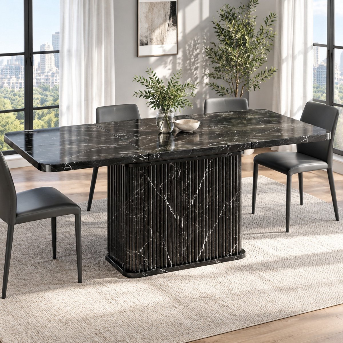 DESMIU Eettafel - Uitschuifbaar Met Verborgen Opbergruimte - Voor Eten En Werken - MDF En Metaal - 140-180x80x76,5 Cm - Zwart Marmerlook