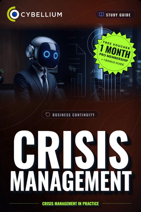 Studiegids Crisismanagement met een robot in pak en een voucher voor 1 maand gratis Pro-lidmaatschap.