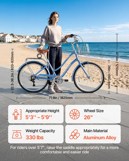 VEVOR Dames Cruiserfiets van 26 inch, Draagvermogen 150 Kg, 7 Versnellingen, Lichtblauw, voor Woon-Werkverkeer, Boodschappen en Stranduitstapjes, met Mandje, Bagagedrager (tot 50 Kg), Dubbele V-Remmen en Praktische Accessoires — afbeelding 3
