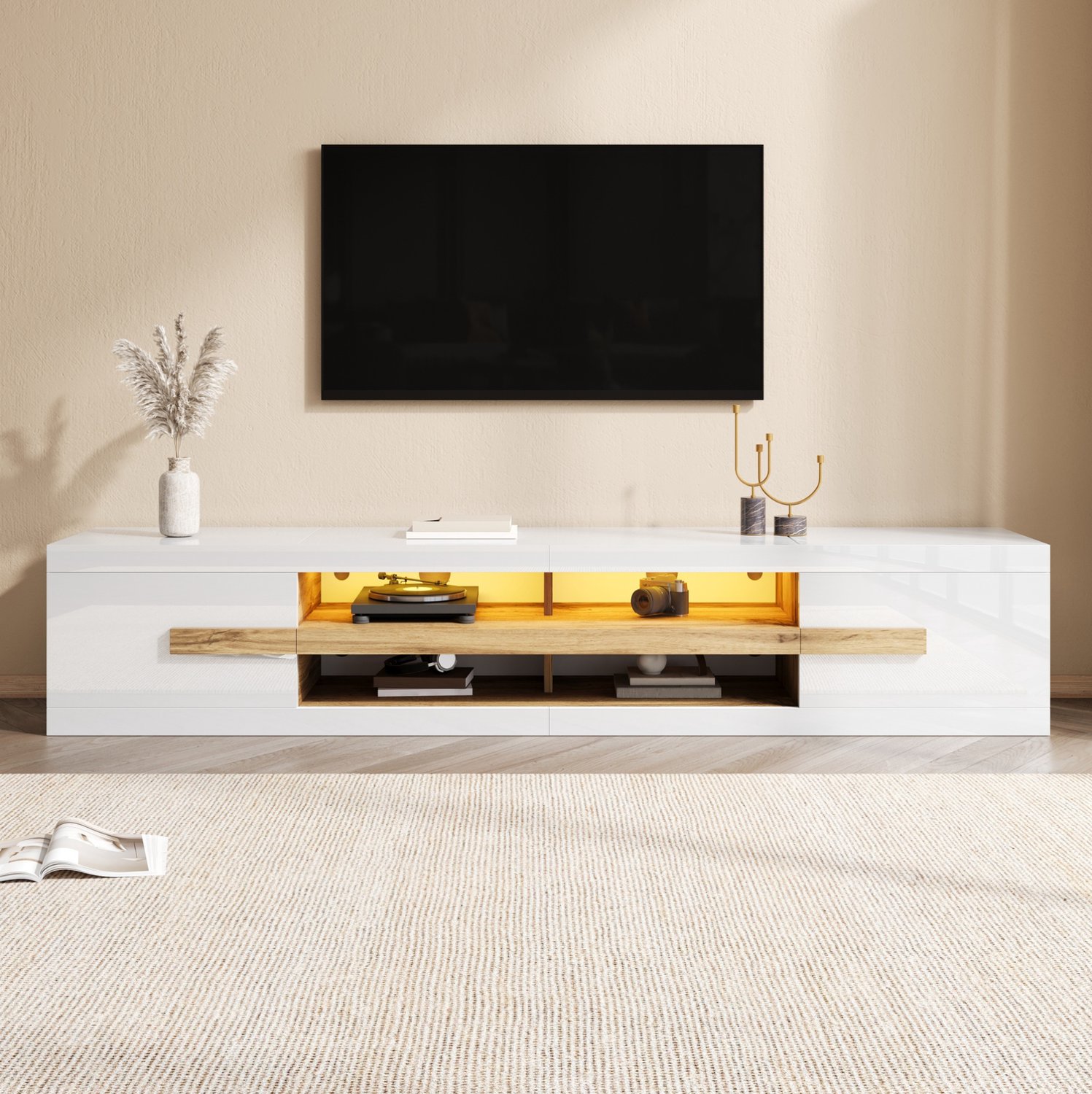 DESMIU TV-Meubel - Modern TV-Lowboard Met LED-Verlichting En APP-Bediening - 2 Deuren En Open Vakken - Spaanplaat - 200x40x38 Cm - Wit