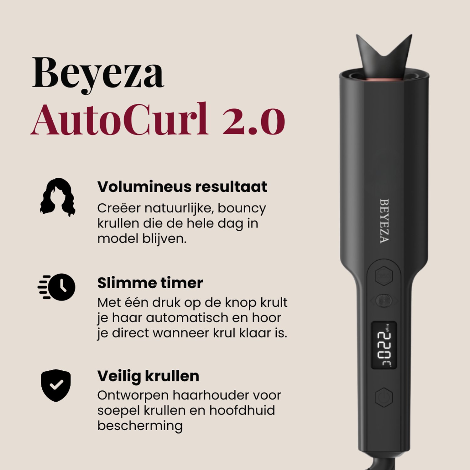Beyeza Automatische Krultang 2.0 - Haarstyler - Roterende Krulborstel - Wafeltang - Incl. Haarkam, haarklem - Airstyler Haarkruller - Hair Curler - Snel en Veilig thumbnail 2