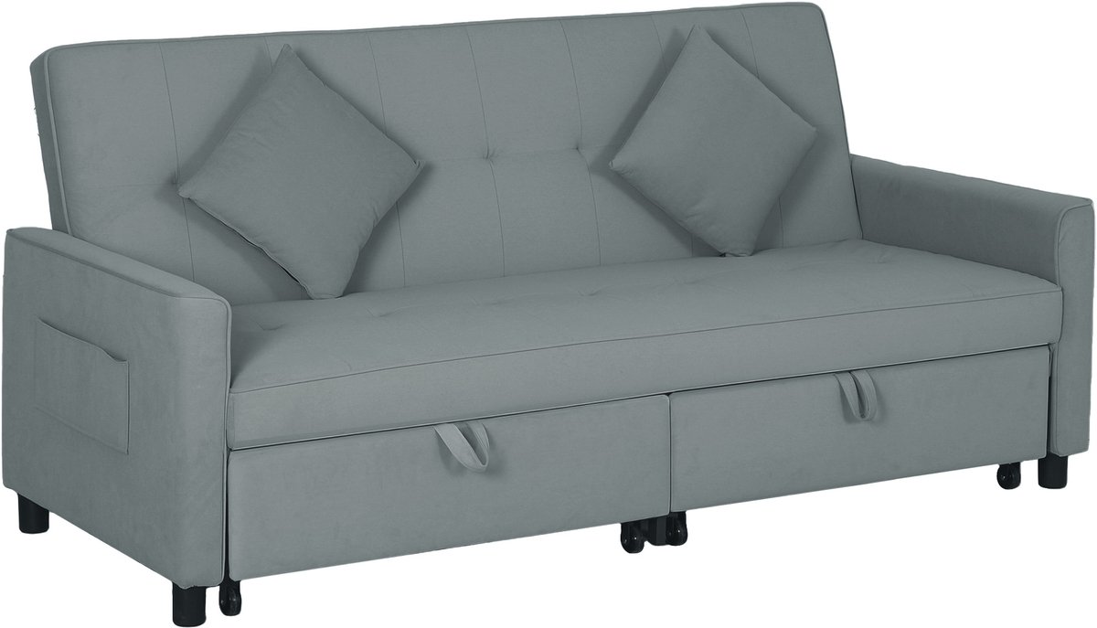 Homona 3-zits slaapbank - Met kussen, wielen en verstelbare rugleuning - 196 x 90 x 89 cm - Grijs