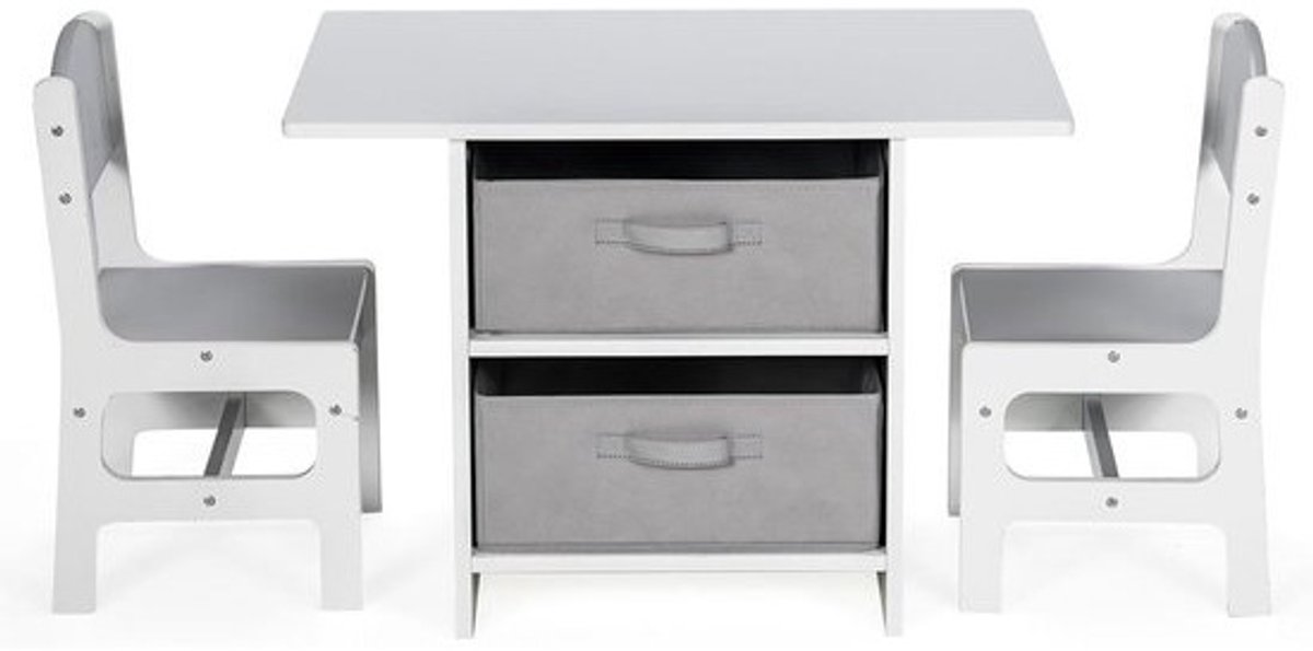 Kindertafelset met 2 stoelen en opbergladen, houten tafel voor kinderen vanaf 4 jaar, grijs