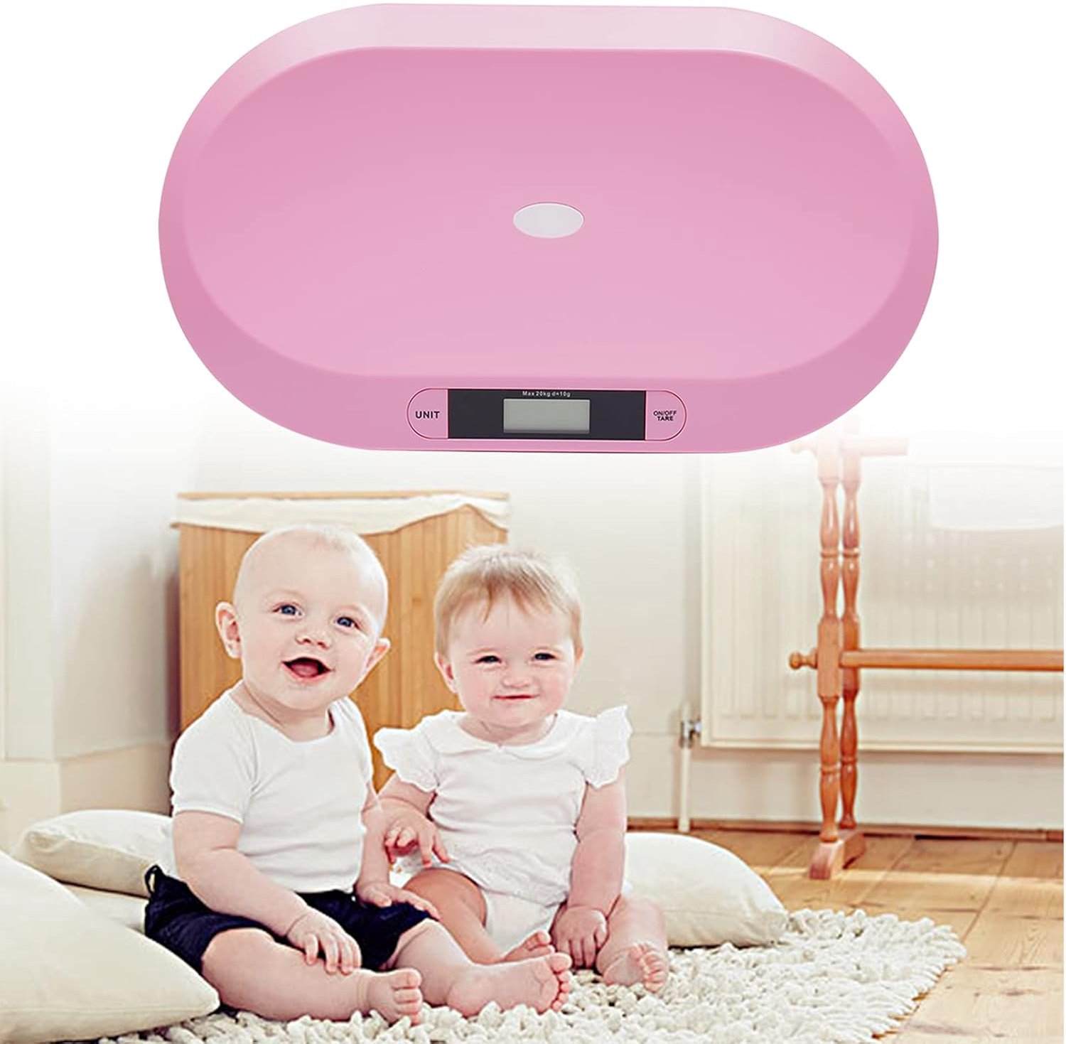 Digitale babyweegschaal, kinderweegschaal, led-display, tarrafunctie, zuigelingenweegschaal, borstvoedingsweegschaal, dierenweegschaal, huisdierweegschaal met handdoek + liniaal, roze